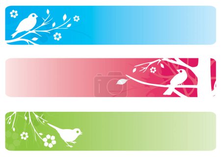 Ilustración de Ilustración vectorial de tres pancartas con pájaro decorativo y flores, con suficiente espacio para título o texto. - Imagen libre de derechos