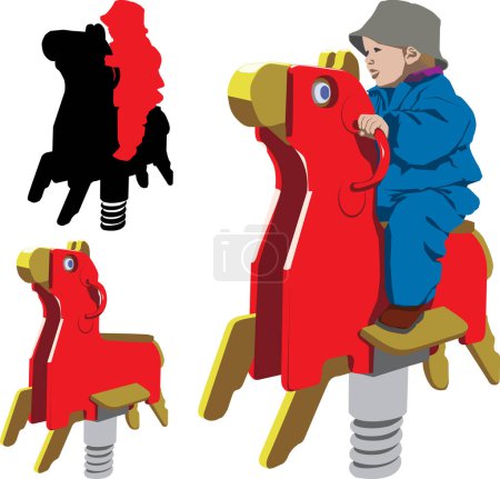 Illustration for Vector illustration of child riding rocking horse in playground - Royalty Free Image