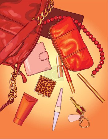 Téléchargez les illustrations : Sac rouge avec des choses et accessoires typiques pour femme - en licence libre de droit