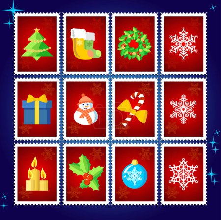 Téléchargez les illustrations : Collection de timbres de Noël vectoriels / set rouge - en licence libre de droit