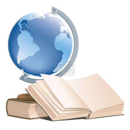 Téléchargez les illustrations : Illustration de livres et globe sur fond blanc. - en licence libre de droit