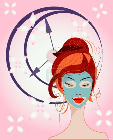 Ilustración de Una chica con una máscara para un tratamiento de belleza y un reloj que muestra el tiempo en el fondo - Imagen libre de derechos