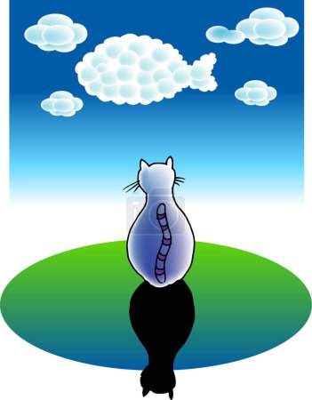 Illustration for A vector illustration for a cat's dreams: clouds becomes a fish - Royalty Free Image