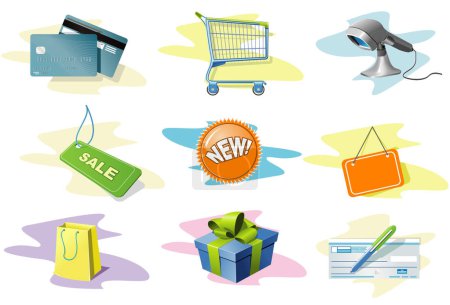 Ilustración de Nueve iconos relacionados con compras y mercados - Imagen libre de derechos