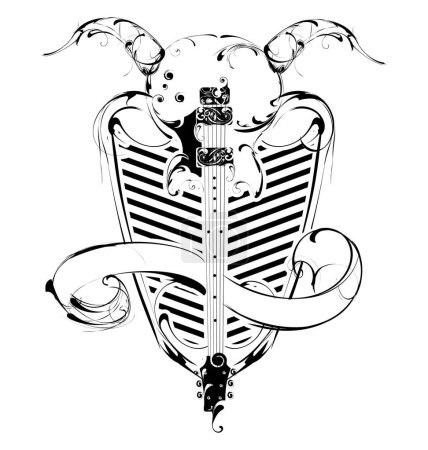 Ilustración de Guitarra vectorial en el escudo con banderas y cuernos - Imagen libre de derechos