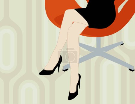 Téléchargez les illustrations : Femme moderne assise dans une chaise de bureau cool avec un fond des années 1970. Fichier vectoriel stratifié facile à éditer -Pas de transparents ou de traits! - en licence libre de droit