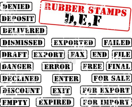 Téléchargez les illustrations : Collection de timbres en caoutchouc avec mots commençant par la lettre D, E, F - en licence libre de droit