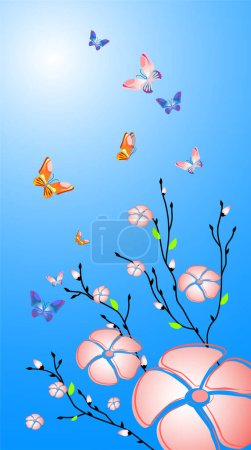 Ilustración de Flores vectoriales y fondo de mariposa - Imagen libre de derechos