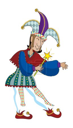 Illustration for A renaissance jester holding a wand and pointing to something on his left - Royalty Free Image