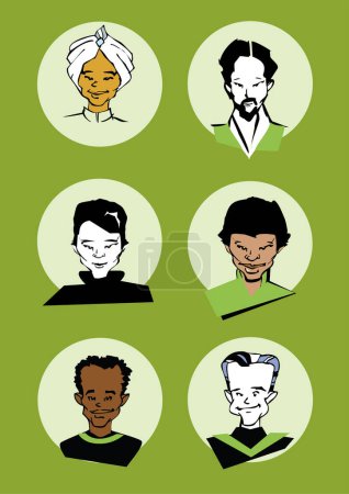 Ilustración de Diferentes retratos étnicos / rostros de los hombres - estilo de dibujos animados - Imagen libre de derechos