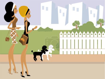 Illustration for Miss Boo taking her dog outside for a walk - Royalty Free Image