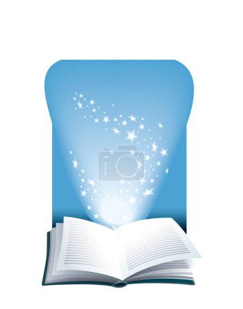 Ilustración de Libro de magia abierto con estrellas brillantes voladoras - Imagen libre de derechos