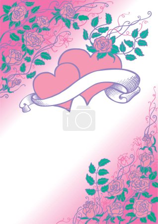 Illustration for Wedding Invitation the pink background with hearts and roses - Royalty Free Image