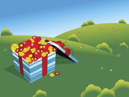 Téléchargez les illustrations : Boîte pleine de fleurs et de cœurs sur un champ vert - en licence libre de droit