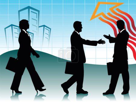 Illustration for Two businessman handshaking and one businesswoman walking infront of business scene - Royalty Free Image