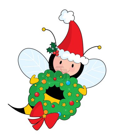Ilustración de Una abeja sosteniendo una corona de Navidad y usando un sombrero de Santa - Imagen libre de derechos