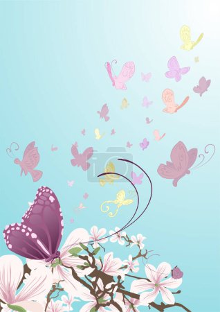 Illustration for Butterflies taking flight from beautiful flowers on a tree. No meshes used. - Royalty Free Image