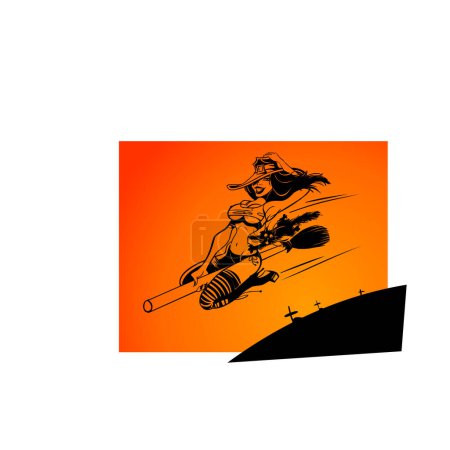 Ilustración de Vector monocromo ilustración de la bruja volando en la escoba - Imagen libre de derechos