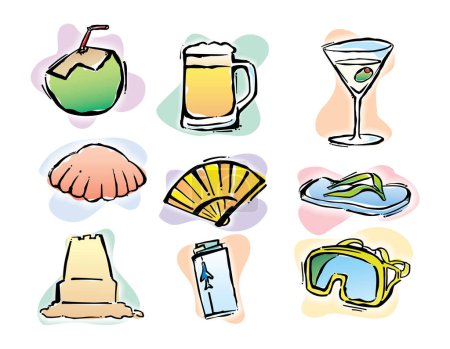 Illustration for Set of beach vector illustrated icons - Royalty Free Image