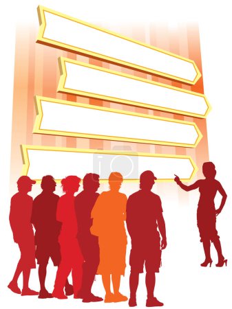 Illustration for Woman is pointing a group of direction signs - Royalty Free Image