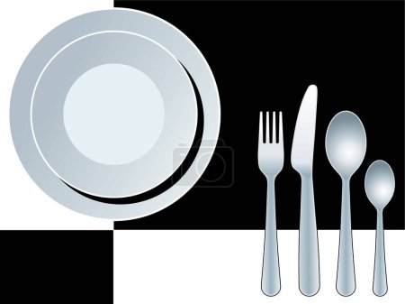 Téléchargez les illustrations : Endroit bleu avec plaque, fourchette, cuillère et couteau, vecteur - en licence libre de droit