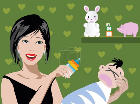 Téléchargez les illustrations : Illustration de maman tenant des jouets pour bébés sur le mur - en licence libre de droit