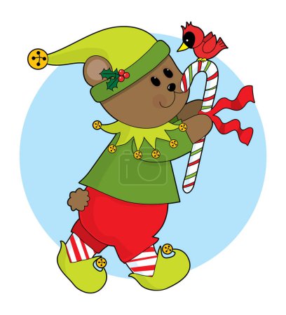 Téléchargez les illustrations : Mignon ours de Noël portant une canne à bonbons avec un cardinal assis dessus - en licence libre de droit