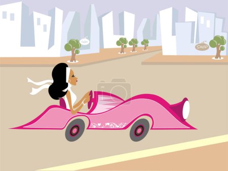 Illustration for Mss Boo driving in the city - Royalty Free Image