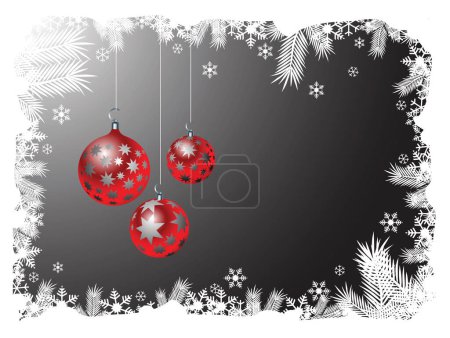 Téléchargez les illustrations : Trois ornements de Noël suspendus à un cadre enneigé - en licence libre de droit