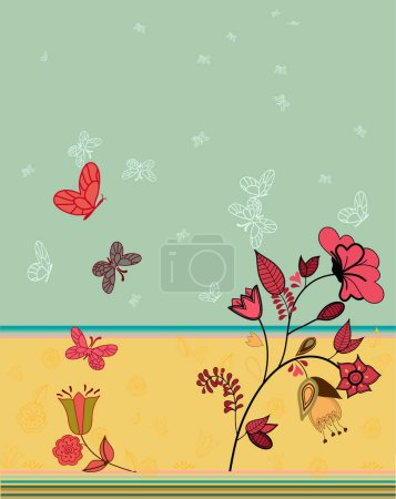Illustration for A whimsical paiinting representing cute abstract flowers and butterflies on a striped background - Royalty Free Image