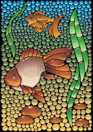 Illustration for Imitation of a mosaic panel from glass with fishes. - Royalty Free Image