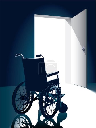 Illustration for Open door with an empty wheel chair - Royalty Free Image