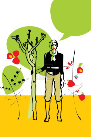 Illustration for The young, stylishly dressed woman in a spring garden puts an apple-tree - Royalty Free Image