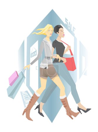Téléchargez les illustrations : Deux filles faisant du shopping ensemble - en licence libre de droit