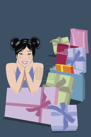 Téléchargez les illustrations : Illustration de femme avec beaucoup de cadeaux, boîtes et fleurs - en licence libre de droit