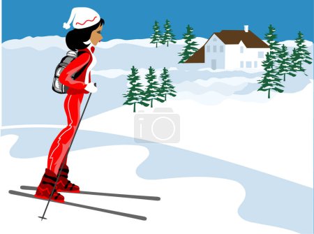Téléchargez les illustrations : Miss Boo ski à Aspen en costume de ski rouge - en licence libre de droit