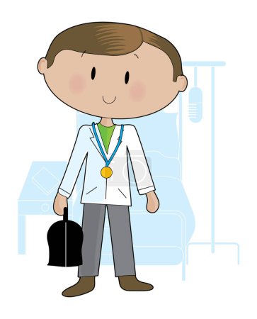 Ilustración de Joven médico de pie con su bolso en una habitación de hospital - Imagen libre de derechos