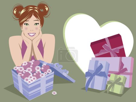 Téléchargez les illustrations : Illustration de femme avec beaucoup de cadeaux, boîtes et fleurs - en licence libre de droit
