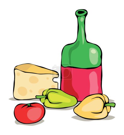 Téléchargez les illustrations : Nature morte avec légumes, fromage et bouteille de vin - en licence libre de droit