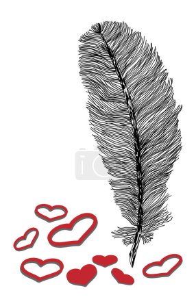 Illustration for Black and white feather illustration with red hearts - Royalty Free Image