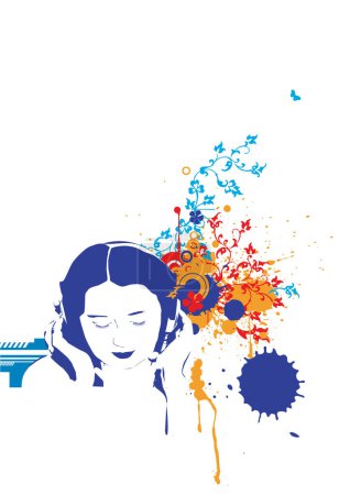 Téléchargez les illustrations : Illustration stylisée d'une fille écoutant de la musique sur un casque. Illustration vectorielle
. - en licence libre de droit