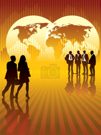 Ilustración de Empresarios frente a mapa mundial y gráfico en segundo plano, ilustración conceptual de negocios. - Imagen libre de derechos
