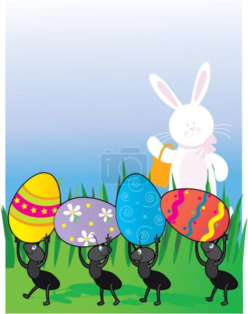 Illustration for A group of ants carrying Easter Eggs while the Easter Bunny looks on - Royalty Free Image