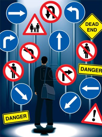 Illustration for A businessman is standing in front of road signs - Royalty Free Image