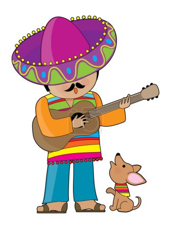 Illustration for A Mexican man playing guitar and serenading his little chihuahua - Royalty Free Image