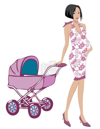 Téléchargez les illustrations : Maman enceinte avec robe mignonne traînant une poussette rose - en licence libre de droit