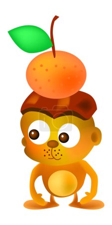 Téléchargez les illustrations : Illustration vectorielle pour un singe mettre un mandarin sur sa tête - en licence libre de droit