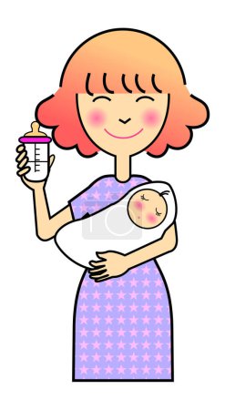Illustration for Vector illustration for a mother holding her baby and bottle of milk - Royalty Free Image