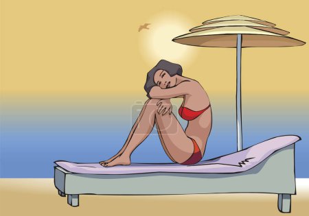 Illustration for One young lady sitting on a sunbed at the beach with happy face - Royalty Free Image