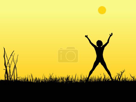 Téléchargez les illustrations : Silhouette d'une fille levant les bras au soleil. - en licence libre de droit